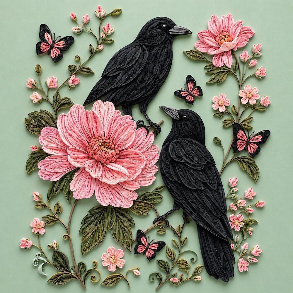 8x8 Framed Quilling-Style Crows and Pink Flowers Art Print